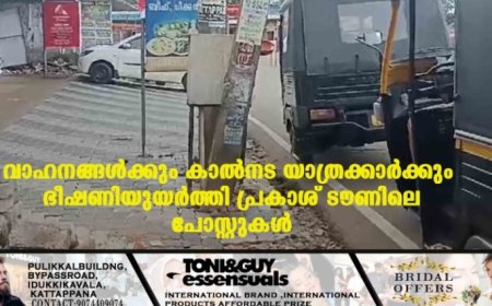 വാഹനങ്ങള്‍ക്കും കാല്‍നട യാത്രക്കാര്‍ക്കും ഭീഷണിയുയര്‍ത്തി പ്രകാശ് ടൗണിലെ പോസ്റ്റുകള്‍