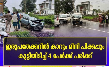 ഇരുപതേക്കറില്‍ കാറും മിനി പിക്കപ്പും കൂട്ടിയിടിച്ച് 4 പേര്‍ക്ക് പരിക്ക്