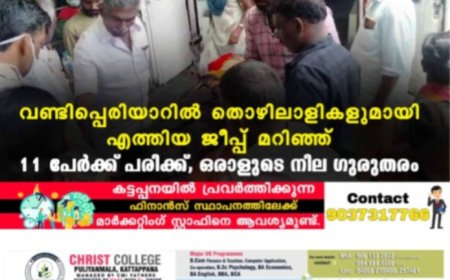 വണ്ടിപ്പെരിയാറിൽ തൊഴിലാളികളുമായി എത്തിയ ജീപ്പ് മറിഞ്ഞ് 11 പേർക്ക് പരിക്ക്, ഒരാളുടെ നില ഗുരുതരം