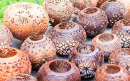 ചിരട്ടയിൽ ഒരുങ്ങുന്നത് പൂവും മീനും ഒട്ടകവും മുതൽ ഹിറ്റാച്ചിയും കടന്ന് പീരങ്കി വരെ