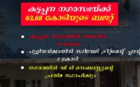 കട്ടപ്പന നഗരസഭയ്ക്ക് 63.68 കോടിയുടെ ബജറ്റ്: കട്ടപ്പന നഗരത്തില് തണലിടം-25 ലക്ഷം: പുളിയന്മലയില് സ്വീവേജ് ട്രീറ്റ്മെന്റ് പ്ലാന്റ്-2 കോടി: നഗരത്തില് വി ടി സെബാസ്റ്റ്യന്റെ പ്രതിമ സ്ഥാപിക്കും
