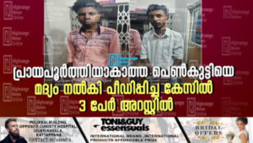 പ്രായപൂര്ത്തിയാകാത്ത പെണ്കുട്ടിയെ മദ്യം നല്കി പീഡിപ്പിച്ച കേസില് 3 പേര് അറസ്റ്റില്