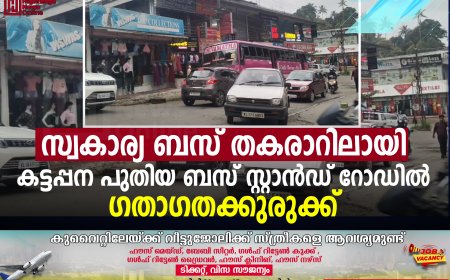 സ്വകാര്യ ബസ് തകരാറിലായി: കട്ടപ്പന പുതിയ ബസ് സ്റ്റാന്‍ഡ് റോഡില്‍ ഗതാഗതക്കുരുക്ക്