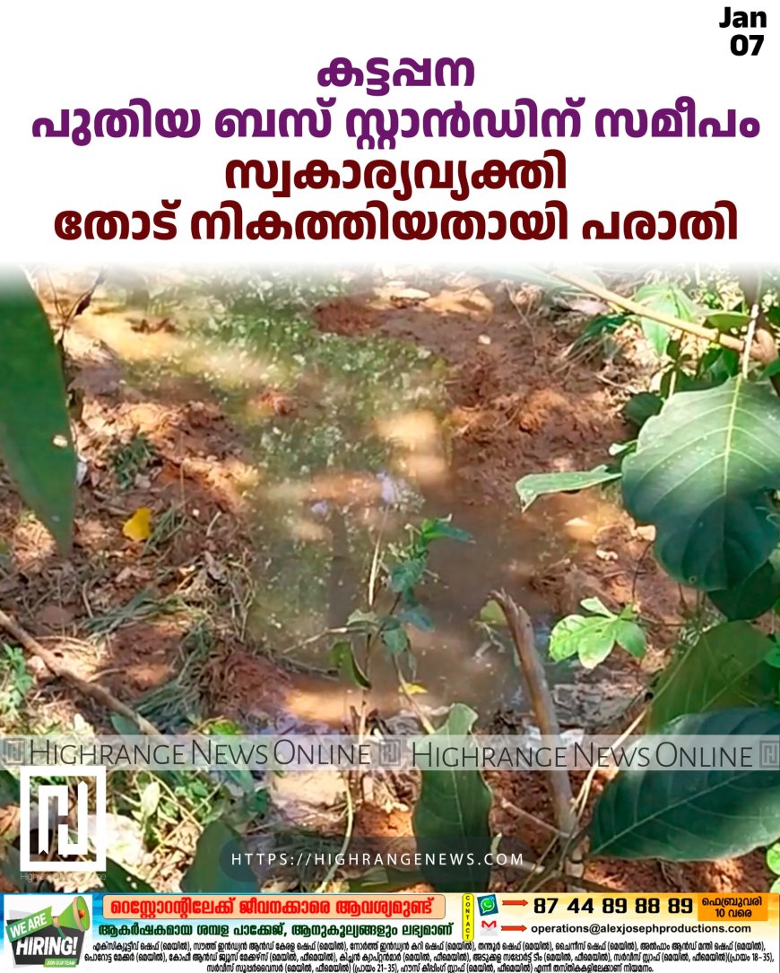 കട്ടപ്പന പുതിയ ബസ് സ്റ്റാന്ഡിന് സമീപം സ്വകാര്യവ്യക്തി തോട് നികത്തിയതായി പരാതി