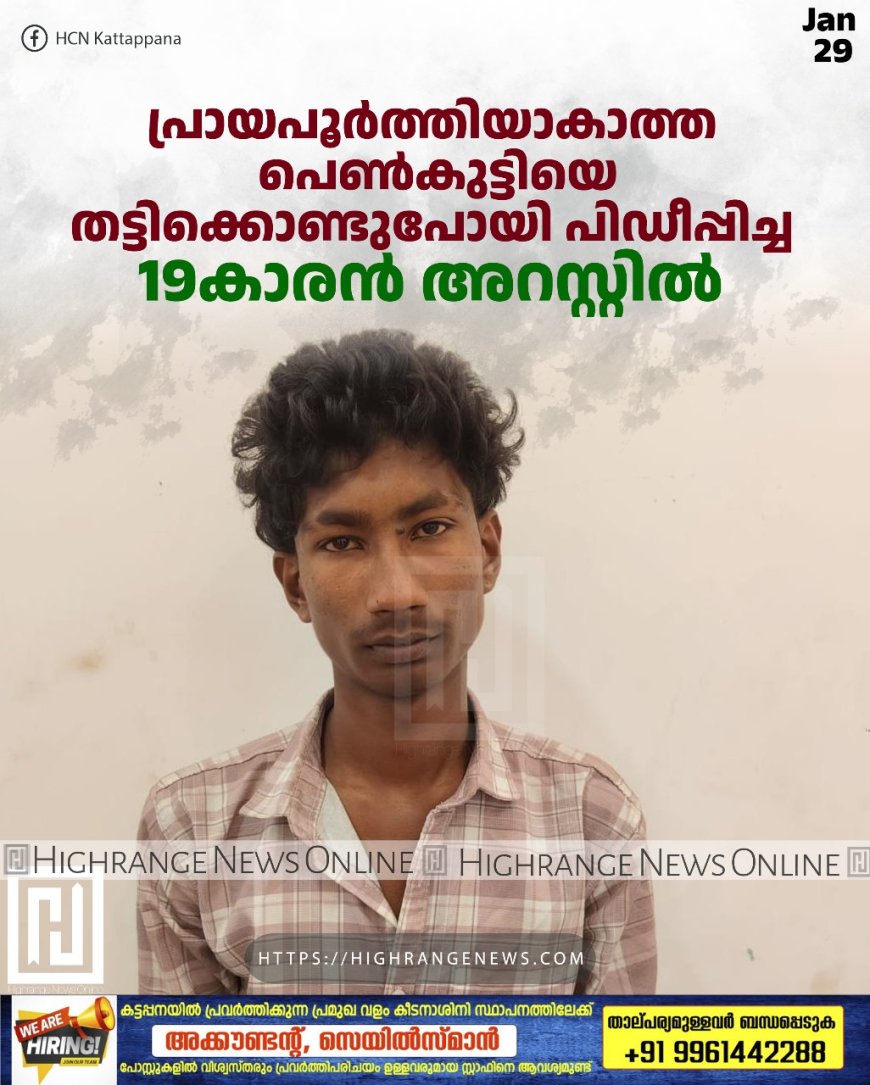പ്രായപൂര്ത്തിയാകാത്ത പെണ്കുട്ടിയെ തട്ടിക്കൊണ്ടുപോയി പിഡീപ്പിച്ച 19കാരന് അറസ്റ്റില്