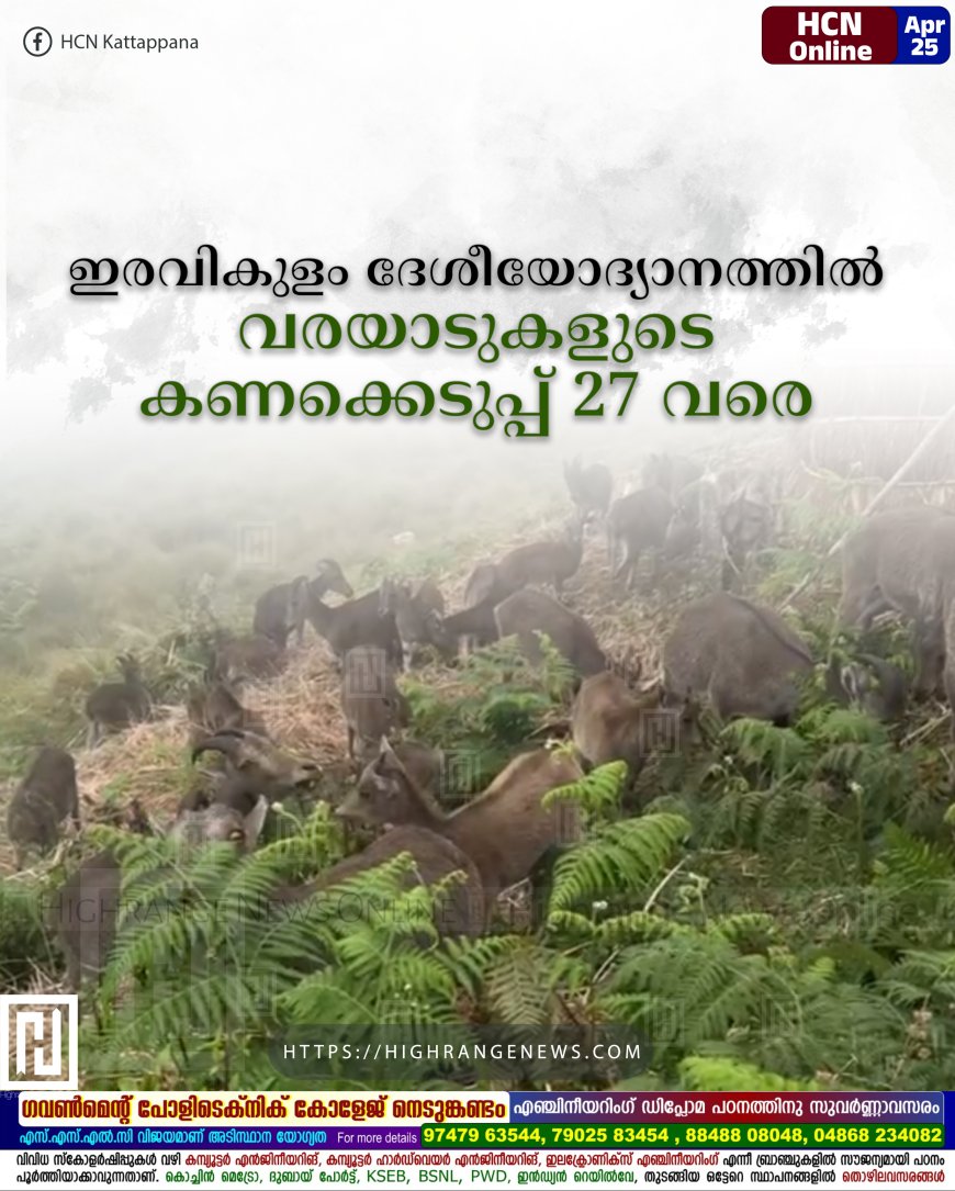 ഇരവികുളം ദേശീയോദ്യാനത്തില് വരയാടുകളുടെ കണക്കെടുപ്പ് 27 വരെ