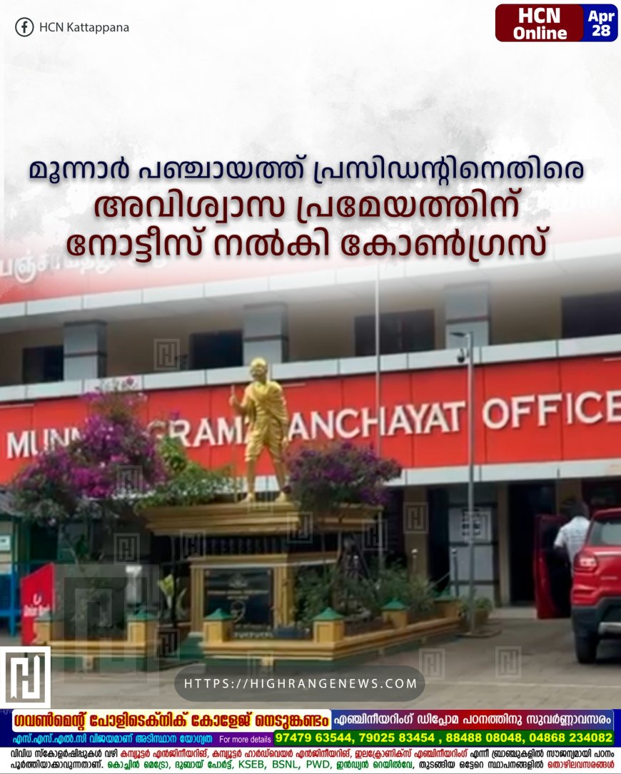മൂന്നാര് പഞ്ചായത്ത് പ്രസിഡന്റിനെതിരെ അവിശ്വാസ പ്രമേയത്തിന് നോട്ടീസ് നല്കി കോണ്ഗ്രസ്