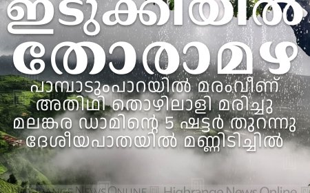 ഇടുക്കിയില്‍ തോരാമഴ: പാമ്പാടുംപാറയില്‍ മരംവീണ് അതിഥി തൊഴിലാളി മരിച്ചു: മലങ്കര ഡാമിന്റെ 5 ഷട്ടര്‍ തുറന്നു: ദേശീയപാതയില്‍ മണ്ണിടിച്ചില്‍