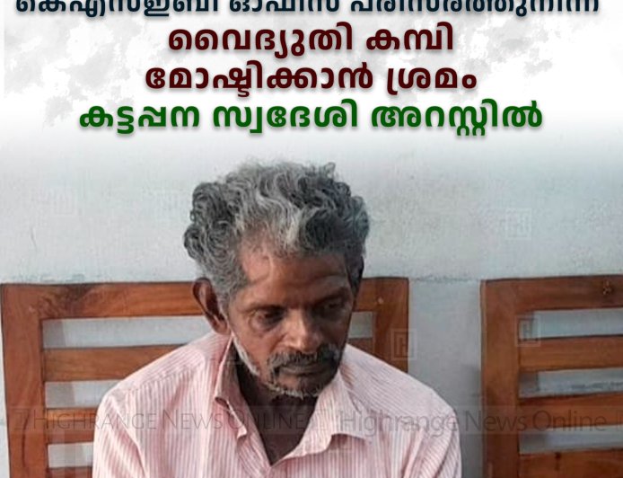 ഉപ്പുതറയിലെ കെഎസ്ഇബി ഓഫീസ് പരിസരത്തുനിന്ന് വൈദ്യുതി കമ്പി മോഷ്ടിക്കാൻ ശ്രമം: കട്ടപ്പന സ്വദേശി അറസ്റ്റിൽ