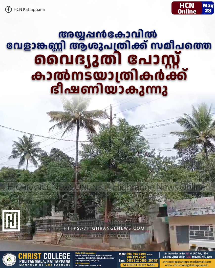അയ്യപ്പന്‍കോവില്‍ വേളാങ്കണ്ണി ആശുപത്രിക്ക് സമീപത്തെ വൈദ്യുതി പോസ്റ്റ് കാല്‍നടയാത്രികര്‍ക്ക് ഭീഷണിയാകുന്നു