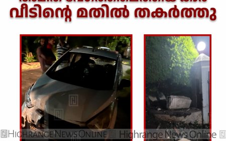കട്ടപ്പന കളരിപ്പടിയില്‍  അമിത വേഗത്തിലെത്തിയ കാര്‍ വീടിന്റെ മതില്‍ തകര്‍ത്തു