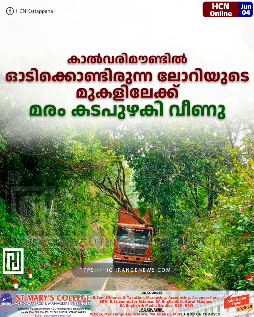 കാല്‍വരിമൗണ്ടില്‍ ഓടിക്കൊണ്ടിരുന്ന ലോറിയുടെ  മുകളിലേക്ക് മരം കടപുഴകി വീണു 