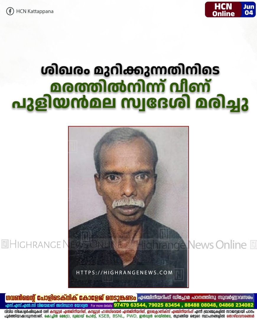 ശിഖരം മുറിക്കുന്നതിനിടെ മരത്തില്‍നിന്ന് വീണ് പുളിയന്‍മല സ്വദേശി മരിച്ചു