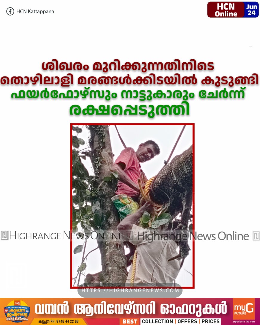 ശിഖരം മുറിക്കുന്നതിനിടെ തൊഴിലാളി മരങ്ങള്ക്കിടയില് കുടുങ്ങി: ഫയര്ഫോഴ്സും നാട്ടുകാരും ചേര്ന്ന് രക്ഷപ്പെടുത്തി