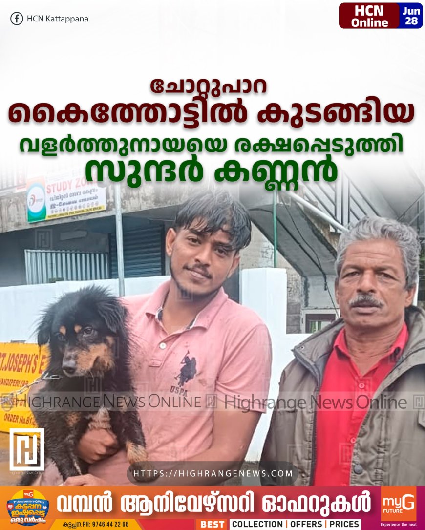 ചോറ്റുപാറ കൈത്തോട്ടില്‍ കുടങ്ങിയ വളര്‍ത്തുനായയെ രക്ഷപ്പെടുത്തി സുന്ദര്‍ കണ്ണന്‍ 