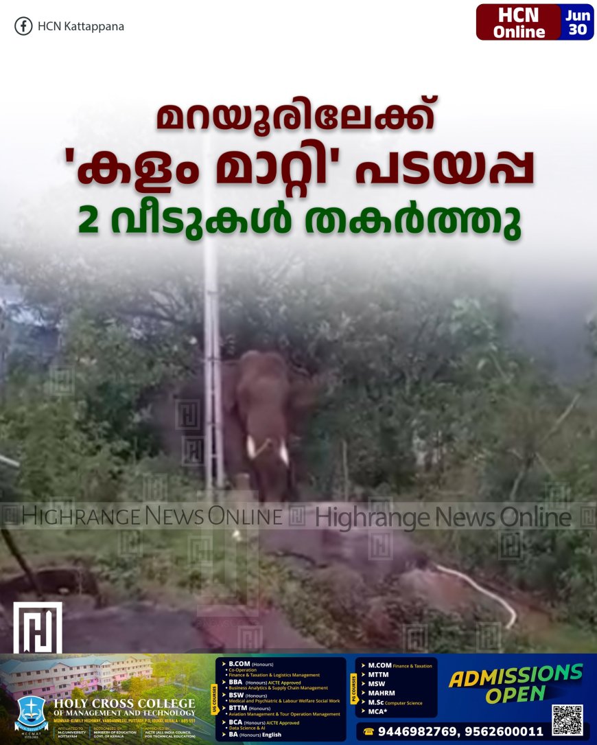 മറയൂരിലേക്ക് 'കളം മാറ്റി' പടയപ്പ: 2 വീടുകള് തകര്ത്തു