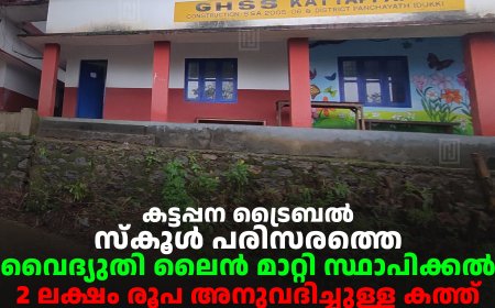 കട്ടപ്പന ട്രൈബല്‍ സ്‌കൂള്‍ പരിസരത്തെ വൈദ്യുതി ലൈന്‍ മാറ്റി സ്ഥാപിക്കല്‍: 2 ലക്ഷം രൂപ അനുവദിച്ചുള്ള കത്ത് മന്ത്രിയുടെ ഓഫീസില്‍നിന്ന് കലക്ടര്‍ക്ക് കൈമാറി