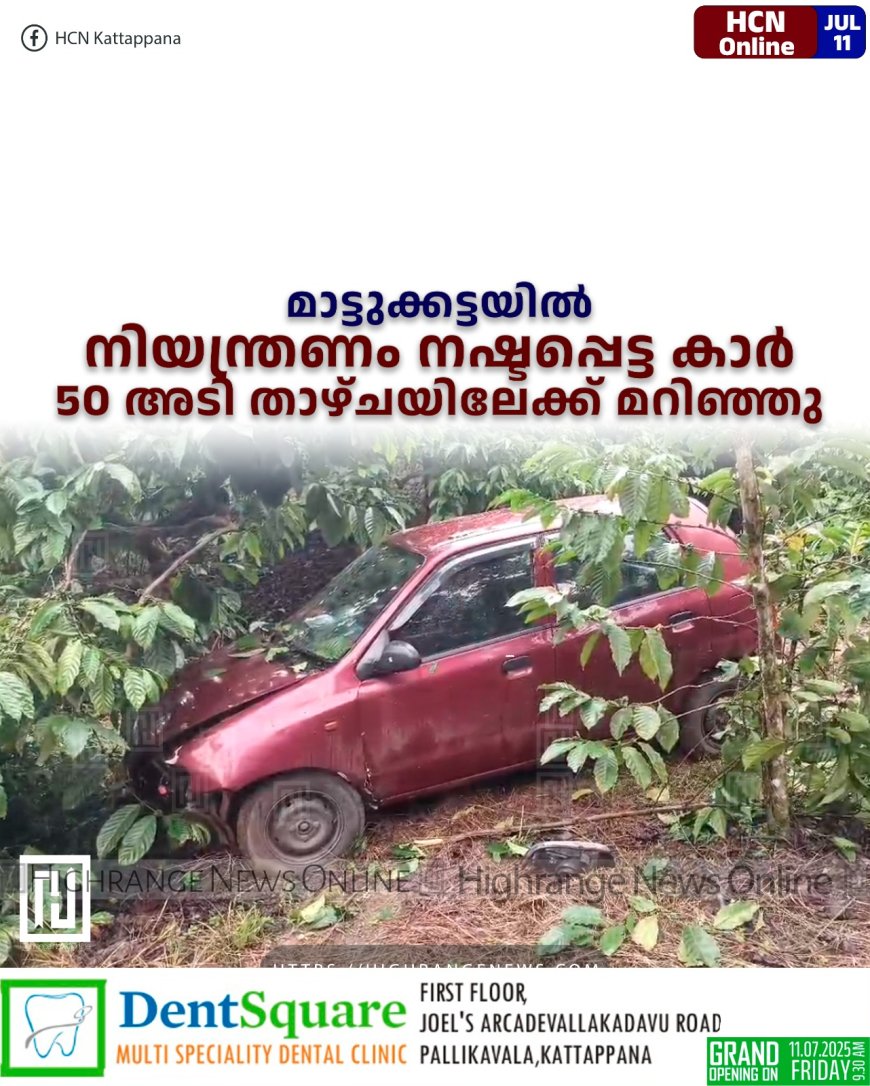 മാട്ടുക്കട്ടയില് നിയന്ത്രണം നഷ്ടപ്പെട്ട കാര് 50 അടി താഴ്ചയിലേക്ക് മറിഞ്ഞു