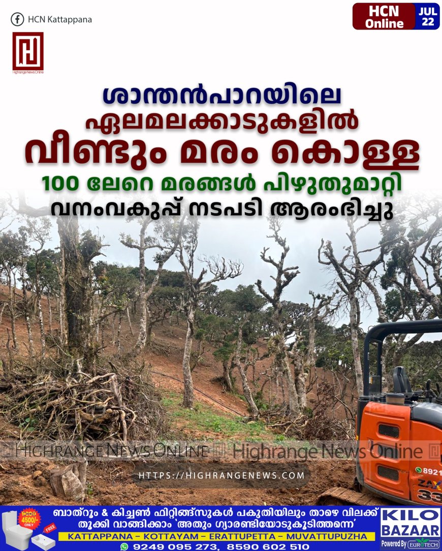 ശാന്തന്പാറയിലെ ഏലമലക്കാടുകളില് വീണ്ടും മരം കൊള്ള: 100 ലേറെ മരങ്ങള് പിഴുതുമാറ്റി: വനംവകുപ്പ് നടപടി ആരംഭിച്ചു