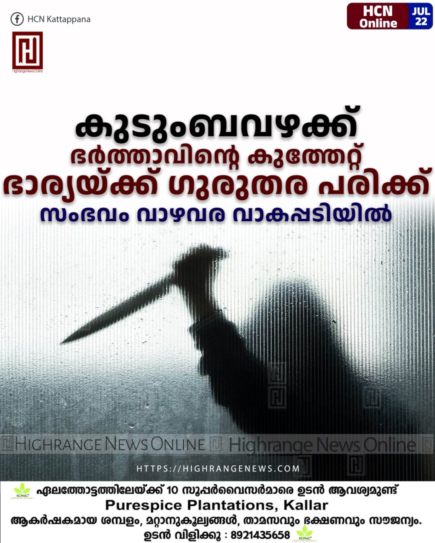 കുടുംബവഴക്ക്: ഭര്ത്താവിന്റെ കുത്തേറ്റ് ഭാര്യയ്ക്ക് ഗുരുതര പരിക്ക്: സംഭവം വാഴവര വാകപ്പടിയില്