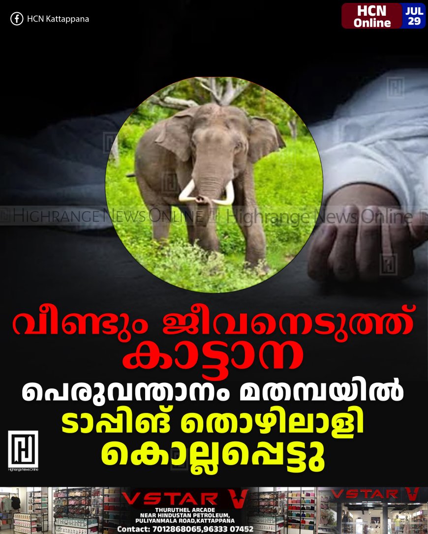 വീണ്ടും ജീവനെടുത്ത് കാട്ടാന: പെരുവന്താനം മതമ്പയില് ടാപ്പിങ് തൊഴിലാളി കൊല്ലപ്പെട്ടു