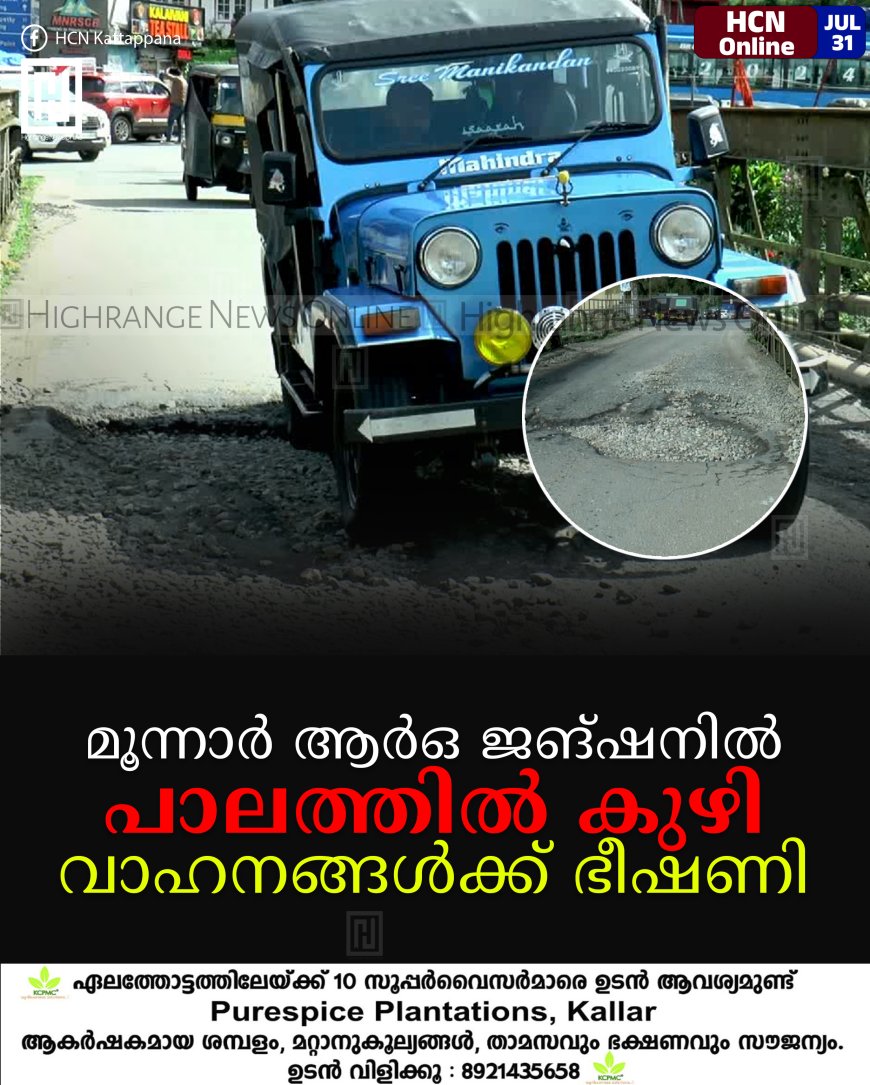 മൂന്നാര് ആര്ഒ ജങ്ഷനില് പാലത്തില് കുഴി : വാഹനങ്ങള്ക്ക് ഭീഷണി