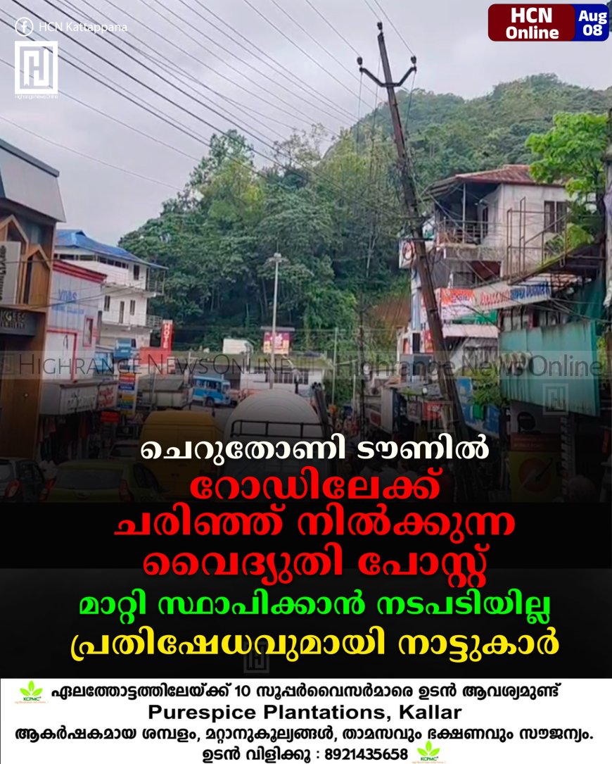 ചെറുതോണി ടൗണില്‍ റോഡിലേക്ക് ചരിഞ്ഞ് നില്‍ക്കുന്ന വൈദ്യുതി പോസ്റ്റ് മാറ്റി സ്ഥാപിക്കാന്‍ നടപടിയില്ല: പ്രതിഷേധവുമായി നാട്ടുകാര്‍ 