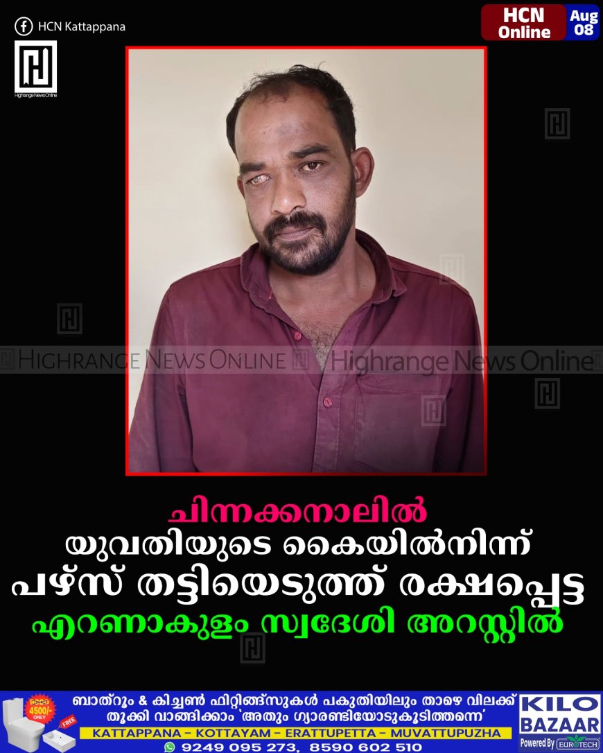 ചിന്നക്കനാലില് യുവതിയുടെ കൈയില്നിന്ന് പഴ്സ് തട്ടിയെടുത്ത് രക്ഷപ്പെട്ട എറണാകുളം സ്വദേശി അറസ്റ്റില്