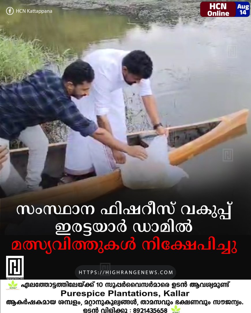 സംസ്ഥാന ഫിഷറീസ് വകുപ്പ് ഇരട്ടയാര്‍ ഡാമില്‍ മത്സ്യവിത്തുകള്‍ നിക്ഷേപിച്ചു