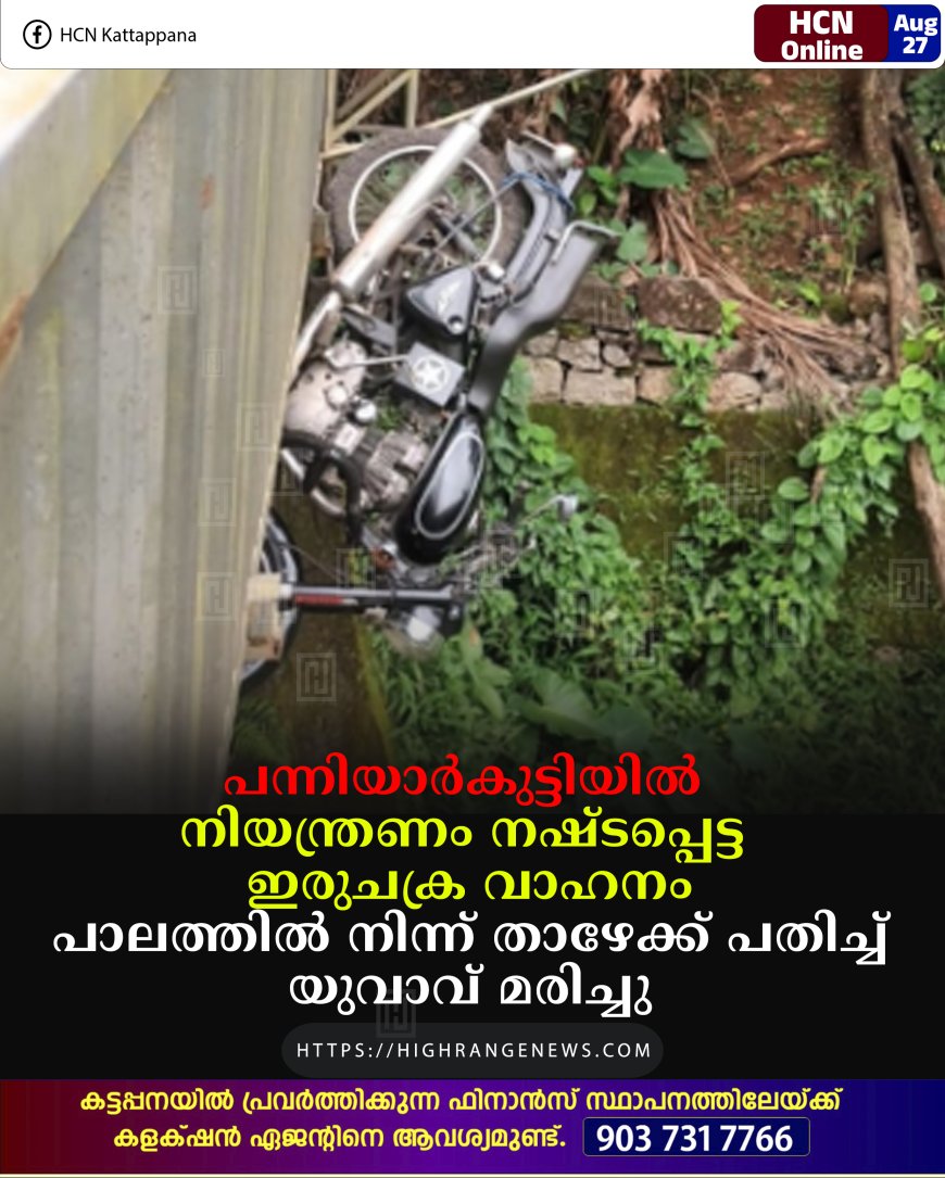 പന്നിയാര്‍കുട്ടിയില്‍ നിയന്ത്രണം നഷ്ടപ്പെട്ട ഇരുചക്ര വാഹനം പാലത്തില്‍ നിന്ന് താഴേക്ക് പതിച്ച് യുവാവ് മരിച്ചു