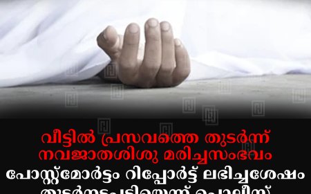 വീട്ടില്‍ പ്രസവത്തെ തുടര്‍ന്ന് നവജാതശിശു മരിച്ചസംഭവം: പോസ്റ്റ്‌മോര്‍ട്ടം റിപ്പോര്‍ട്ട് ലഭിച്ചശേഷം തുടര്‍നടപടിയെന്ന് പൊലീസ്