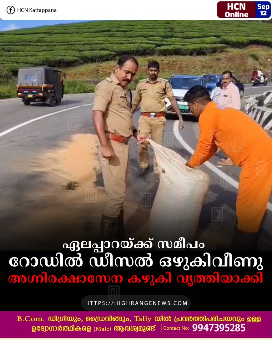 ഏലപ്പാറയ്ക്ക് സമീപം റോഡില്‍ ഡീസല്‍ ഒഴുകിവീണു: അഗ്നിരക്ഷാസേന കഴുകി വൃത്തിയാക്കി
