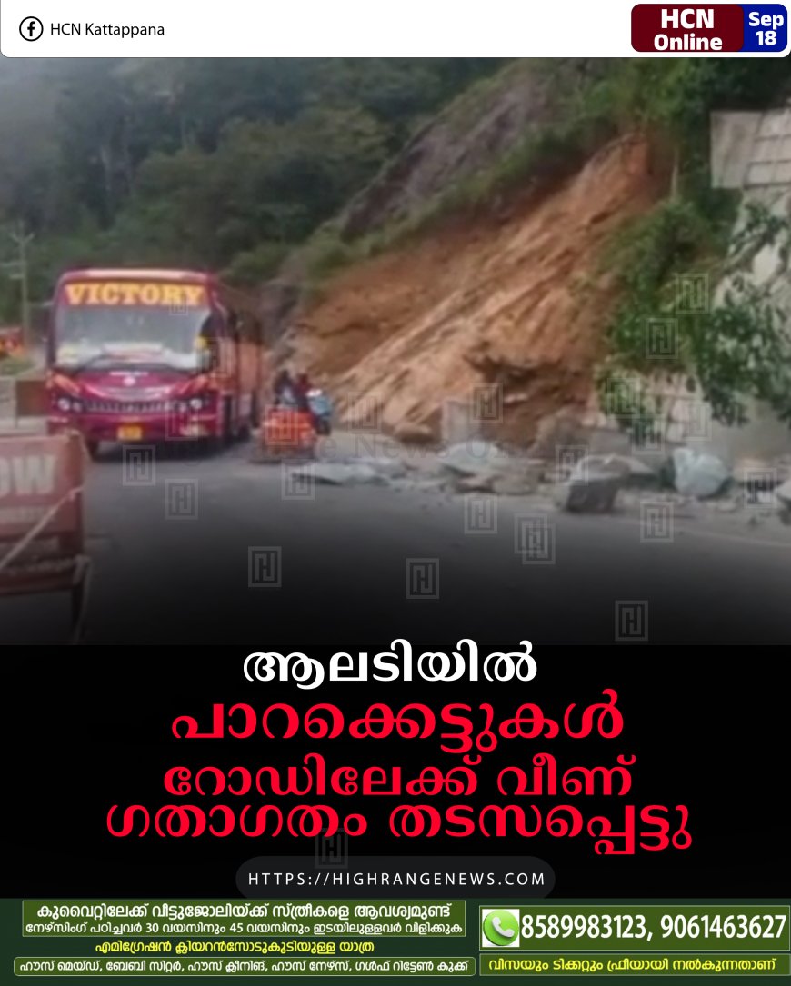 ആലടിയില് പാറക്കെട്ടുകള് റോഡിലേക്ക് വീണ് ഗതാഗതം തടസപ്പെട്ടു