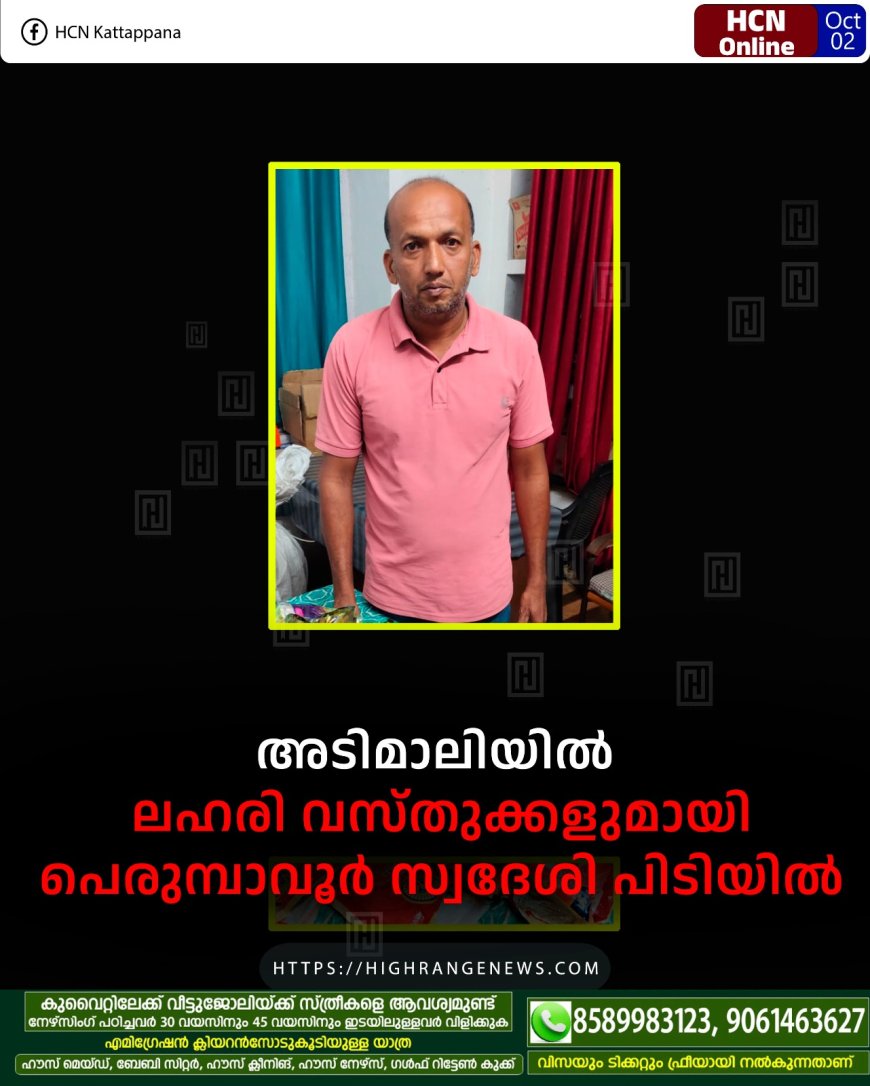 അടിമാലിയില് ലഹരി വസ്തുക്കളുമായി പെരുമ്പാവൂര് സ്വദേശി പിടിയില്