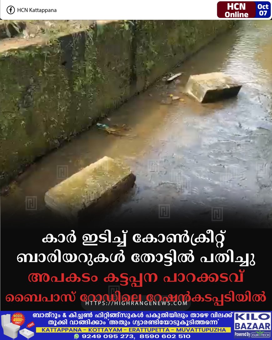 കാര് ഇടിച്ച് കോണ്ക്രീറ്റ് ബാരിയറുകള് തോട്ടില് പതിച്ചു: അപകടം കട്ടപ്പന പാറക്കടവ് ബൈപാസ് റോഡിലെ റേഷന്കടപ്പടിയില്