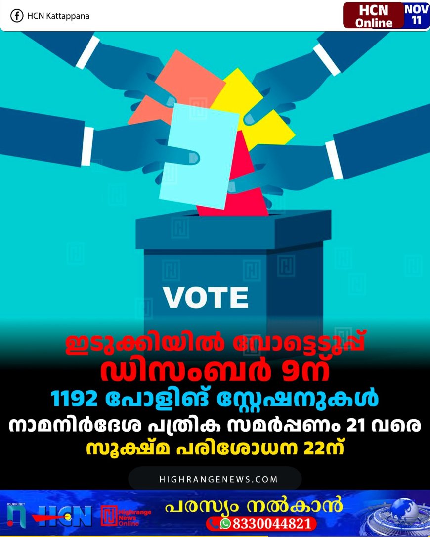 ഇടുക്കിയിൽ വോട്ടെടുപ്പ് ഡിസംബര്‍ 9ന്: 1192 പോളിങ് സ്റ്റേഷനുകൾ: നാമനിര്‍ദേശ പത്രിക സമർപ്പണം 21 വരെ: സൂക്ഷ്മ പരിശോധന 22ന്