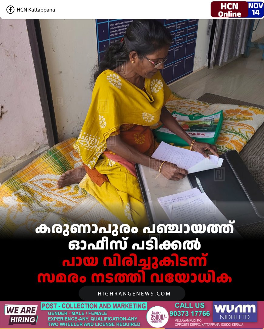 കരുണാപുരം പഞ്ചായത്ത് ഓഫീസ് പടിക്കല്‍ പായ വിരിച്ചുകിടന്ന് സമരം നടത്തി വയോധിക 
