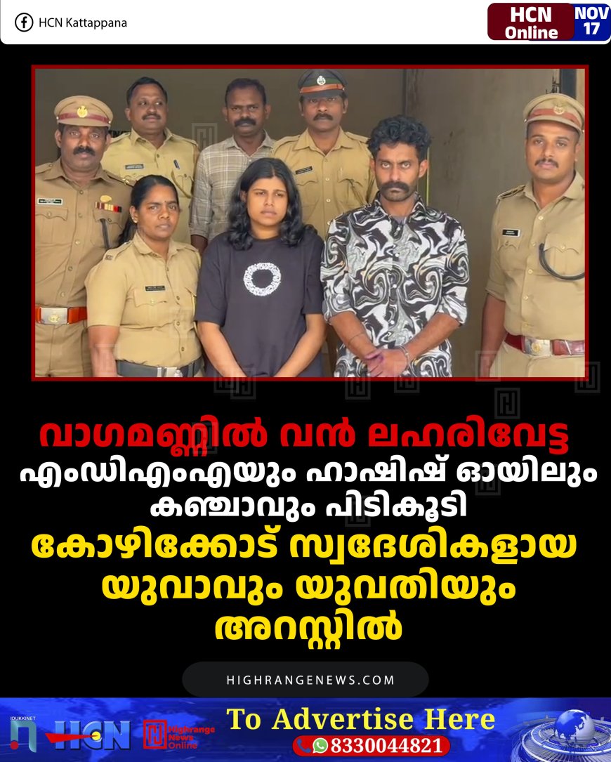 വാഗമണ്ണില്‍ വന്‍ ലഹരിവേട്ട:  എംഡിഎംഎയും ഹാഷിഷ് ഓയിലും കഞ്ചാവും പിടികൂടി: കോഴിക്കോട് സ്വദേശികളായ യുവാവും യുവതിയും അറസ്റ്റില്‍ 