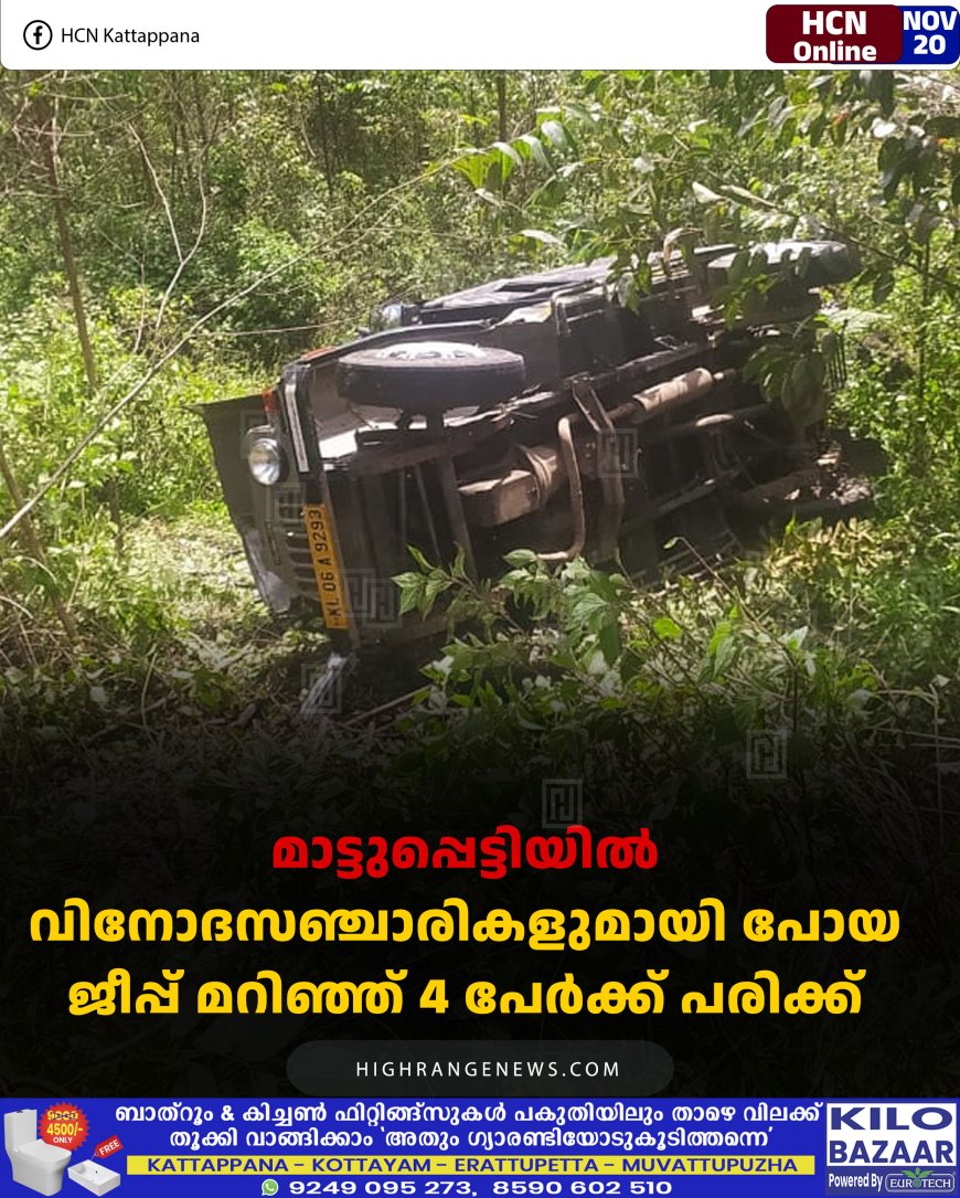 മാട്ടുപ്പെട്ടിയില്‍ വിനോദസഞ്ചാരികളുമായി പോയ ജീപ്പ് മറിഞ്ഞ് 4 പേര്‍ക്ക് പരിക്ക് 