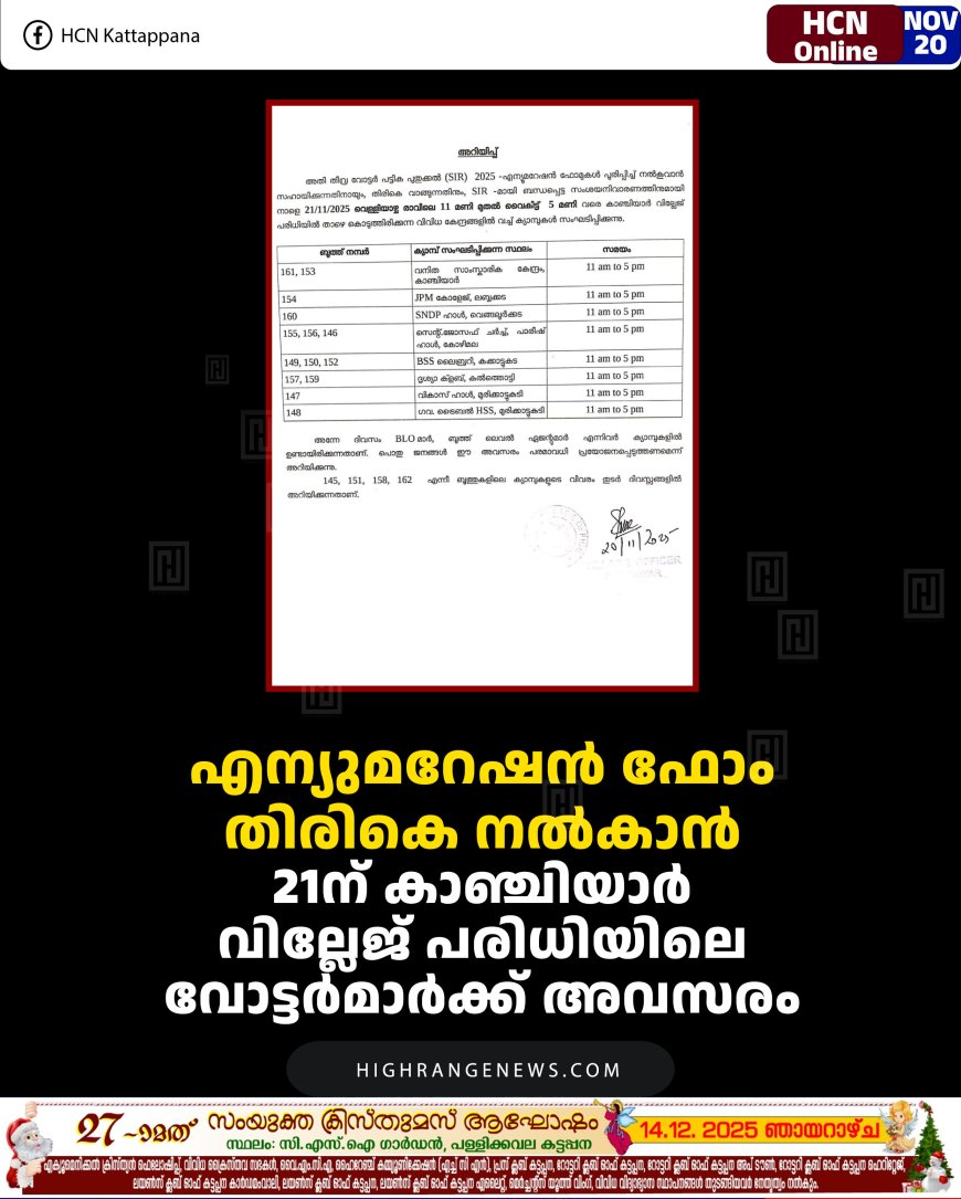എന്യുമറേഷന്‍ ഫോം തിരികെ നല്‍കാന്‍ 21ന് കാഞ്ചിയാര്‍ വില്ലേജ് പരിധിയിലെ വോട്ടര്‍മാര്‍ക്ക് അവസരം