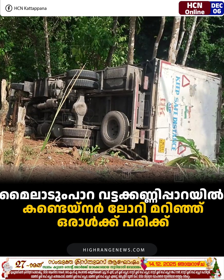 മൈലാടുംപാറ വട്ടക്കണ്ണിപ്പാറയില്‍ കണ്ടെയ്‌നര്‍ ലോറി മറിഞ്ഞ് ഒരാള്‍ക്ക് പരിക്ക് 