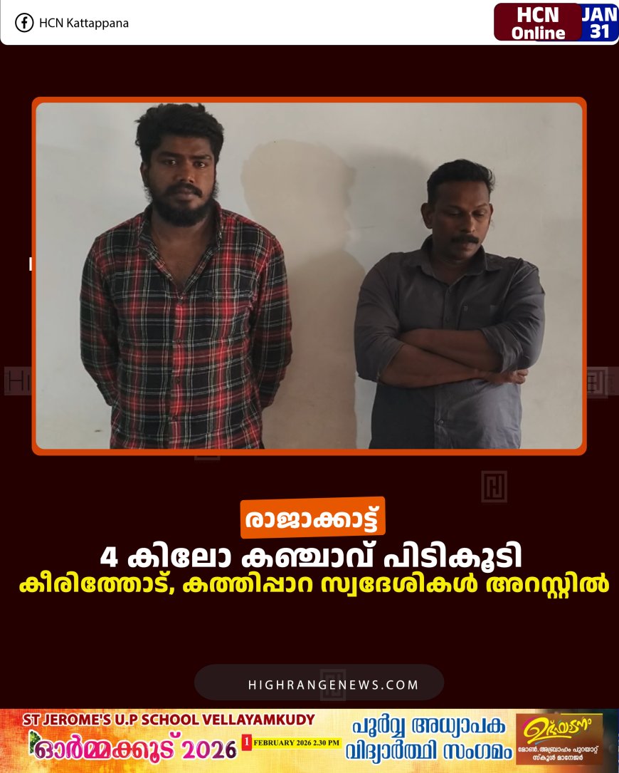 രാജാക്കാട്ട് 4 കിലോ കഞ്ചാവ് പിടികൂടി: കീരിത്തോട്, കത്തിപ്പാറ സ്വദേശികള്‍ അറസ്റ്റില്‍