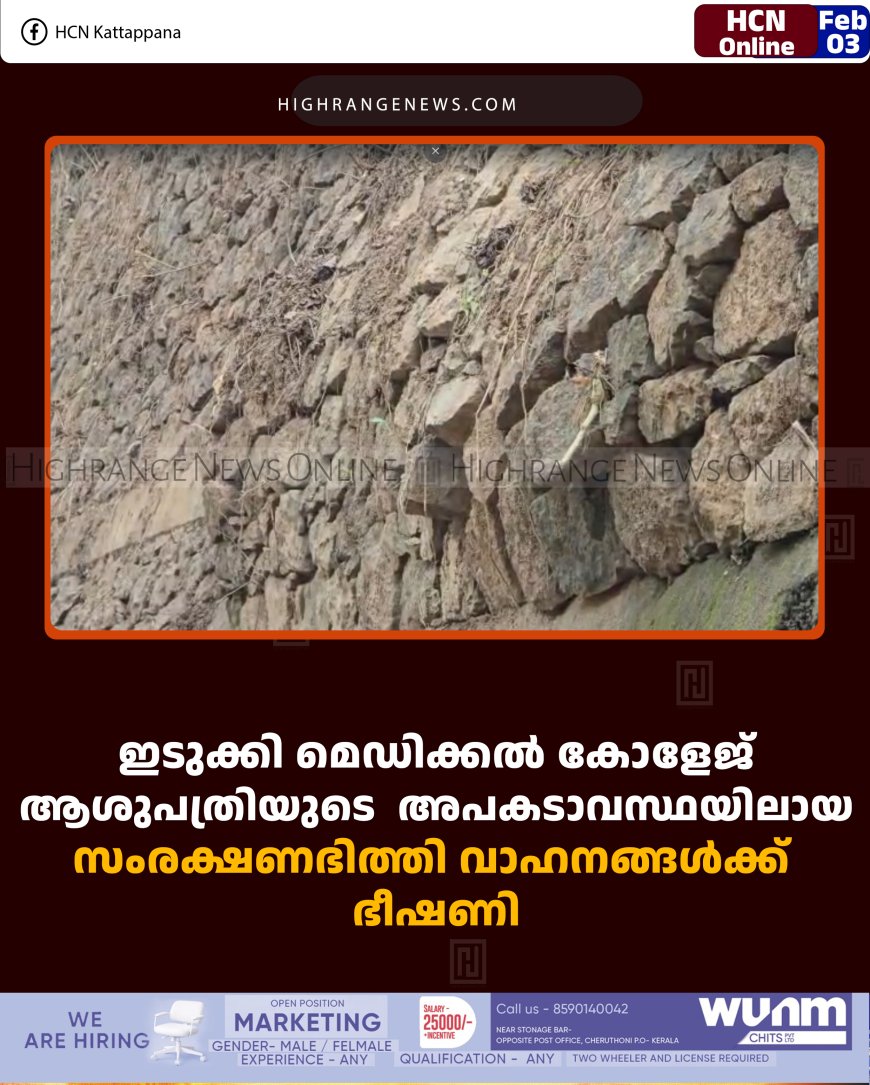 ഇടുക്കി മെഡിക്കല്‍ കോളേജ് ആശുപത്രിയുടെ അപകടാവസ്ഥയിലായ സംരക്ഷണഭിത്തി വാഹനങ്ങള്‍ക്ക്  ഭീഷണി 