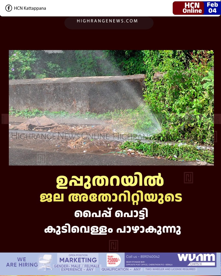 ഉപ്പുതറയില്‍   ജല അതോറിറ്റിയുടെ പൈപ്പ് പൊട്ടി കുടിവെള്ളം പാഴാകുന്നു 