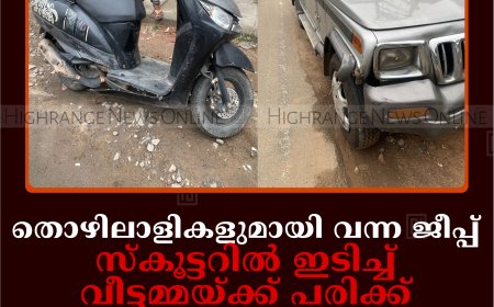 തൊഴിലാളികളുമായി വന്ന ജീപ്പ് സ്‌കൂട്ടറില്‍ ഇടിച്ച് വീട്ടമ്മയ്ക്ക് പരിക്ക്: അപകടം കുമളി വലിയകണ്ടത്ത്