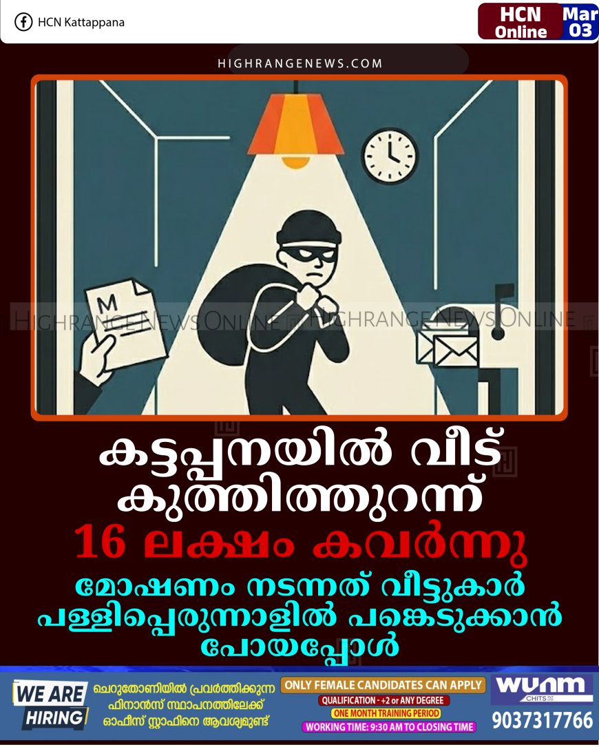 കട്ടപ്പനയില്‍ വീട് കുത്തിത്തുറന്ന് 16 ലക്ഷം കവര്‍ന്നു: മോഷണം നടന്നത് വീട്ടുകാര്‍ പള്ളിപ്പെരുന്നാളില്‍ പങ്കെടുക്കാന്‍ പോയപ്പോള്‍