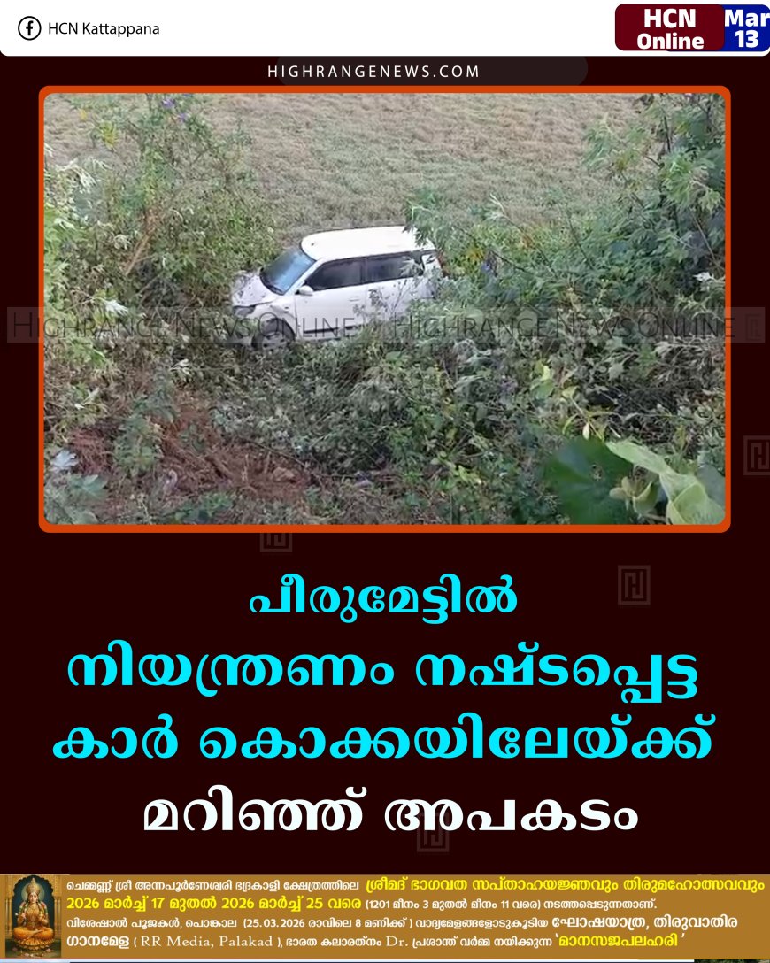 പീരുമേട്ടില്‍ നിയന്ത്രണം നഷ്ടപ്പെട്ട കാര്‍ കൊക്കയിലേയ്ക്ക് മറിഞ്ഞ് അപകടം