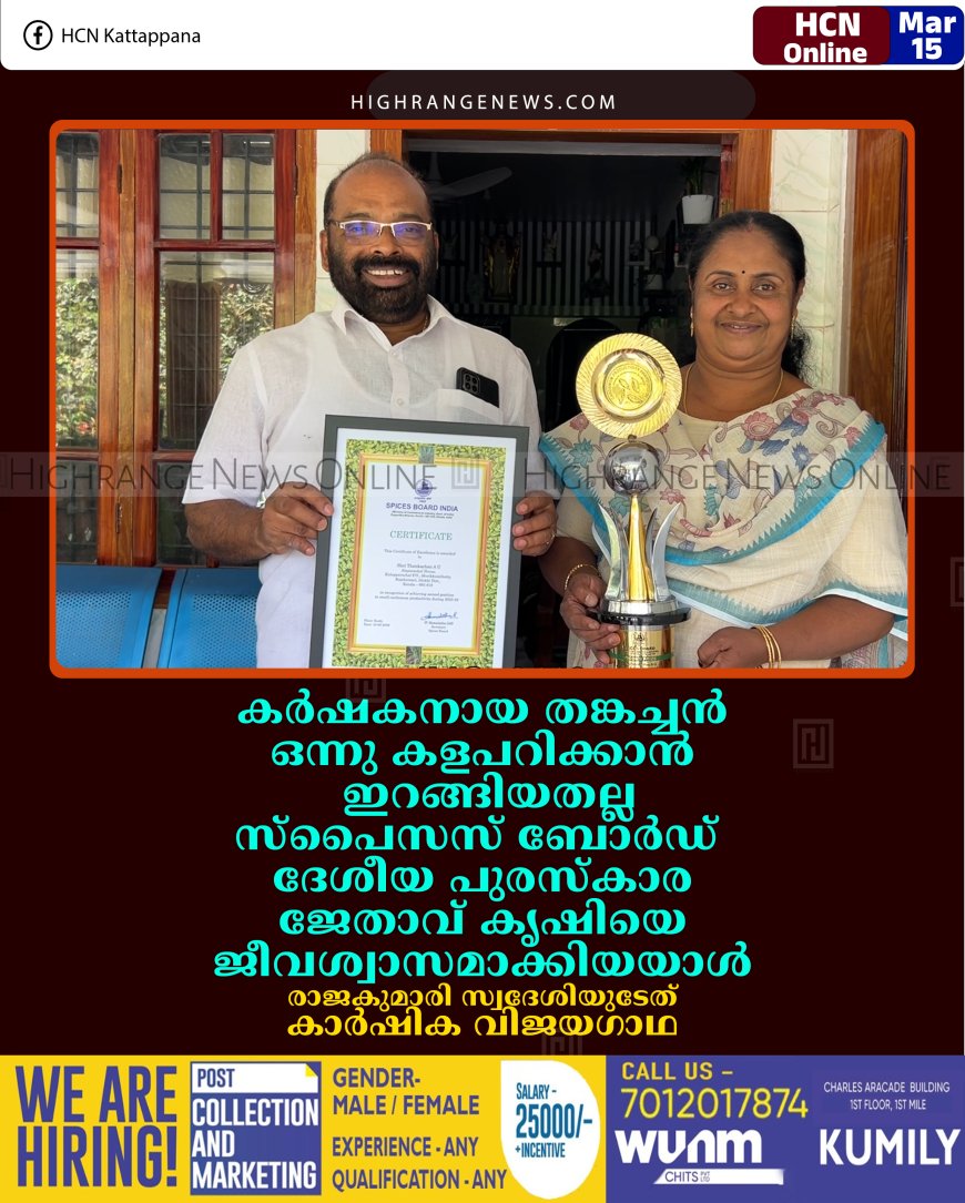 കര്‍ഷകനായ തങ്കച്ചന്‍ ഒന്നു കളപറിക്കാന്‍ ഇറങ്ങിയതല്ല: സ്‌പൈസസ് ബോര്‍ഡ് ദേശീയ പുരസ്‌കാര ജേതാവ് കൃഷിയെ ജീവശ്വാസമാക്കിയയാള്‍: രാജകുമാരി സ്വദേശിയുടേത് കാര്‍ഷിക വിജയഗാഥ