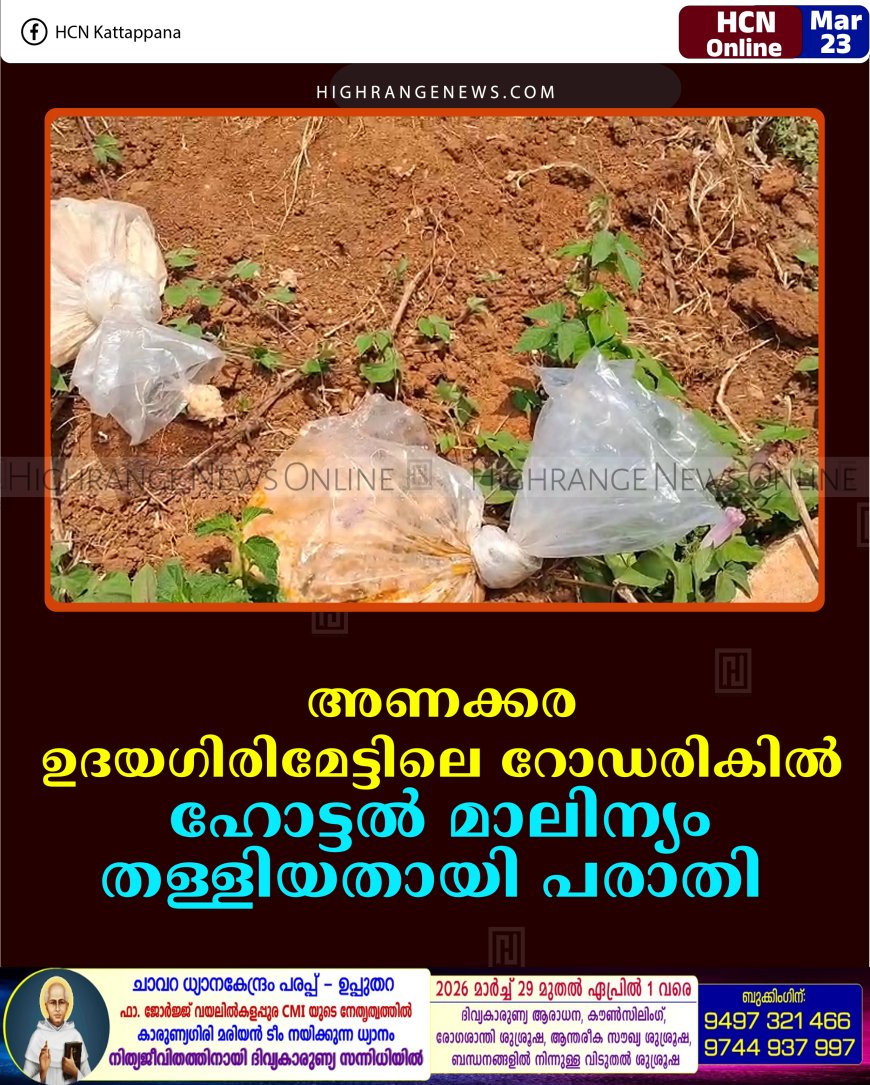 അണക്കര ഉദയഗിരിമേട്ടിലെ റോഡരികില്‍ ഹോട്ടല്‍ മാലിന്യം തള്ളിയതായി പരാതി  