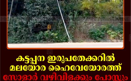 കട്ടപ്പന ഇരുപതേക്കറില്‍ മലയോര ഹൈവേയോരത്ത് സോളാര്‍ വഴിവിളക്കും പോസ്റ്റും വാഹനമിടിച്ച് അപകടാവസ്ഥയില്‍